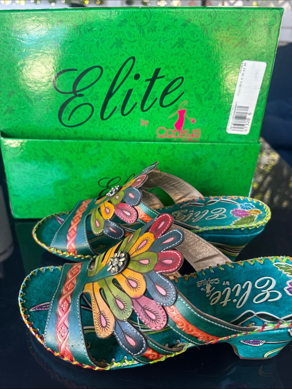 Elite by Corkys Teal Multicolor Floral Slide Sandals